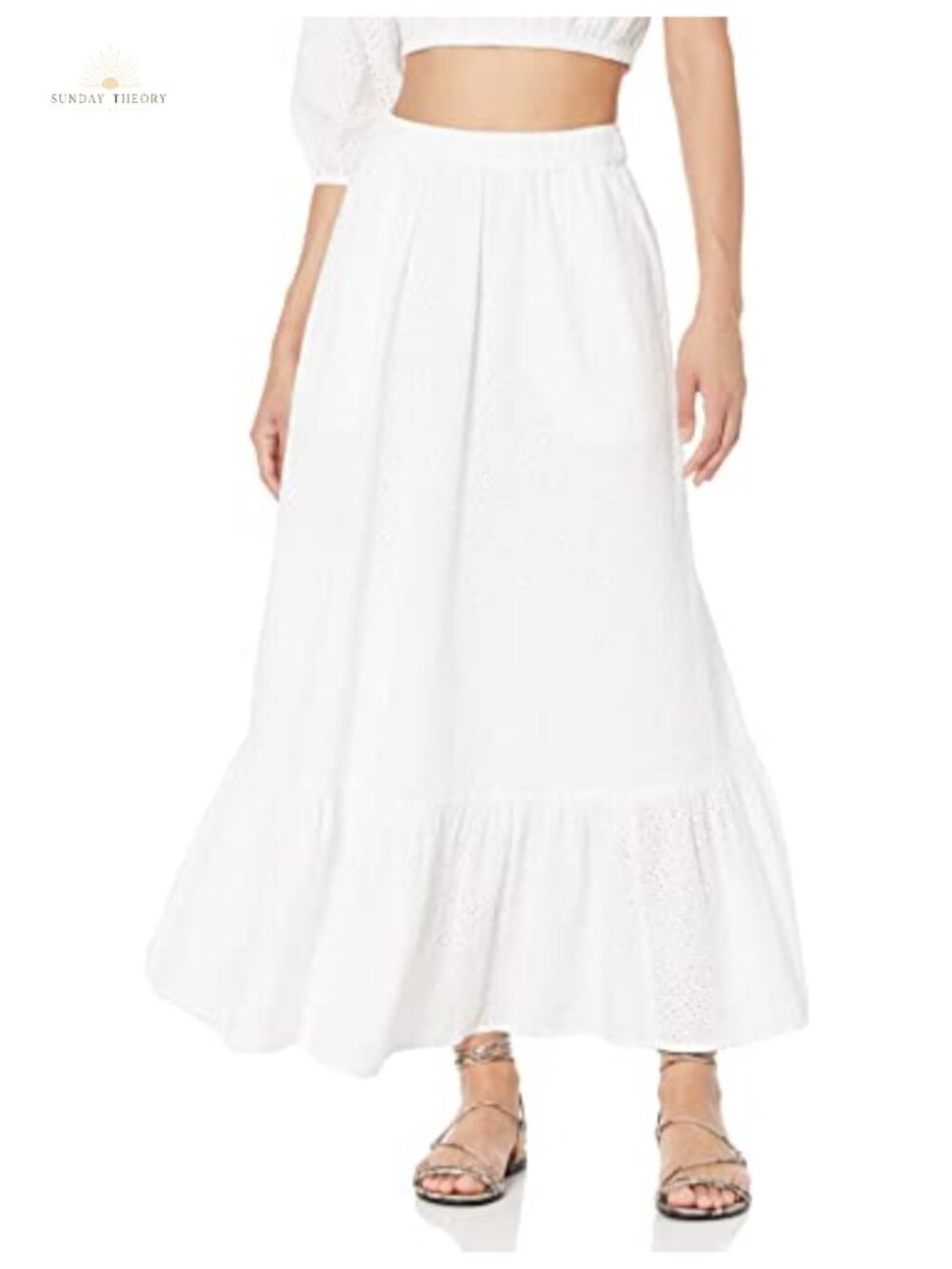 Cotton Eyelet Tiered Midi Skirt Elastic Waist Pull-On Regular Fit